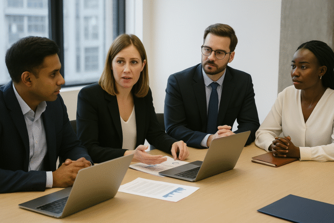 Specialist immigration lawyers consulting with clients in a modern office.