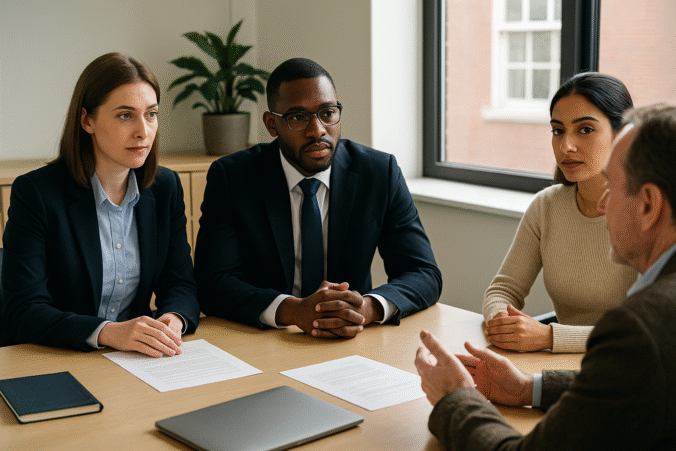 UK immigration lawyers meeting with clients in a modern office.